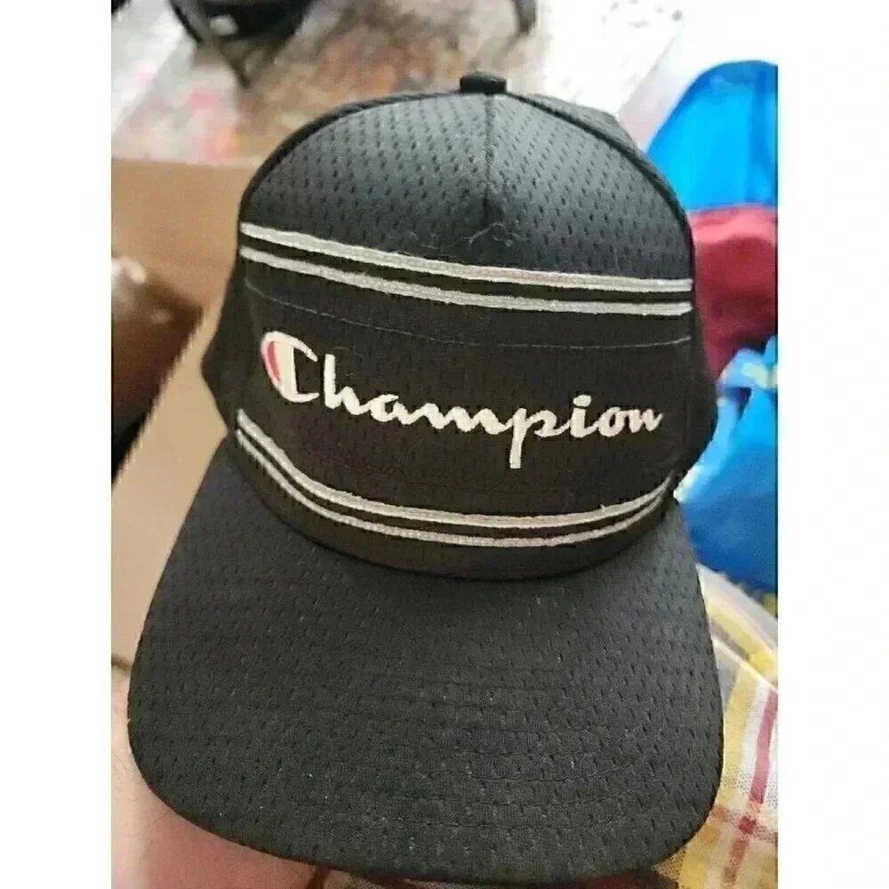 Champion Script Spellout Logo Baseball Hat Cap Black Stretch‎ Mesh L/XL